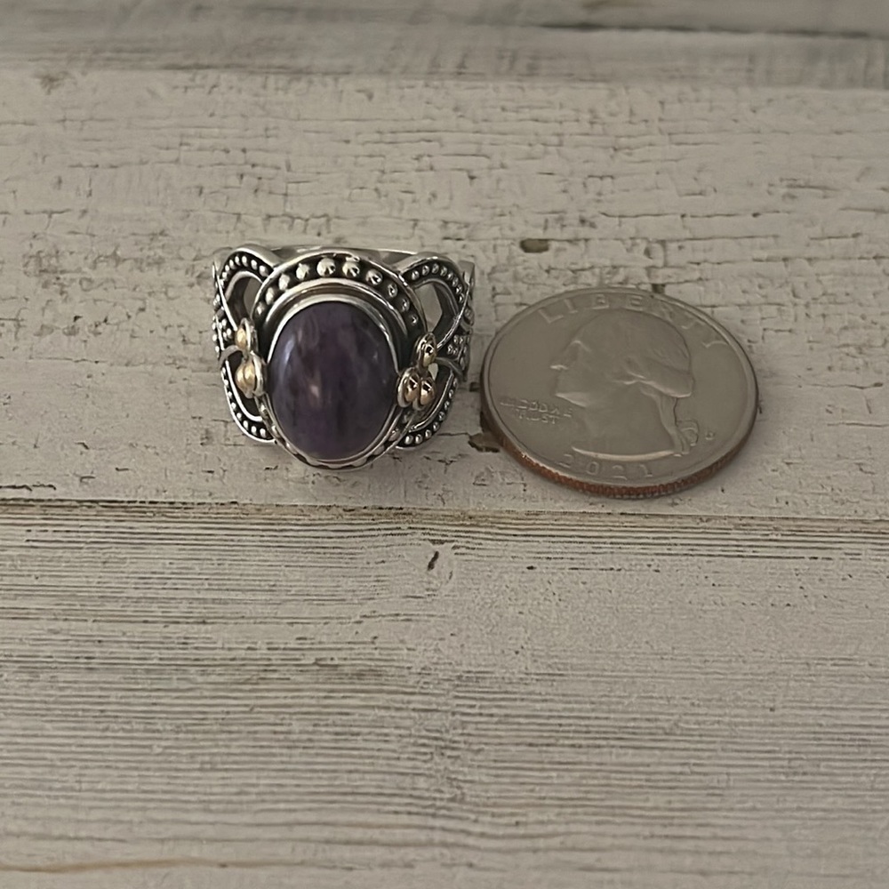 Suarti Bali Sterling Silver Cabochon Amethyst Ring 18K Gold Accent Size 8 - Picture 6 of 7